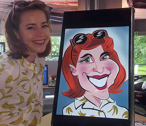 fun party lady with Banana patterned blouse getting a digital caricature