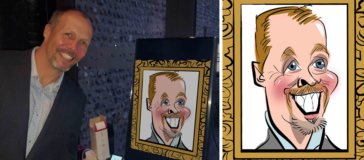corporate caricatures a man standing next to his caricature.