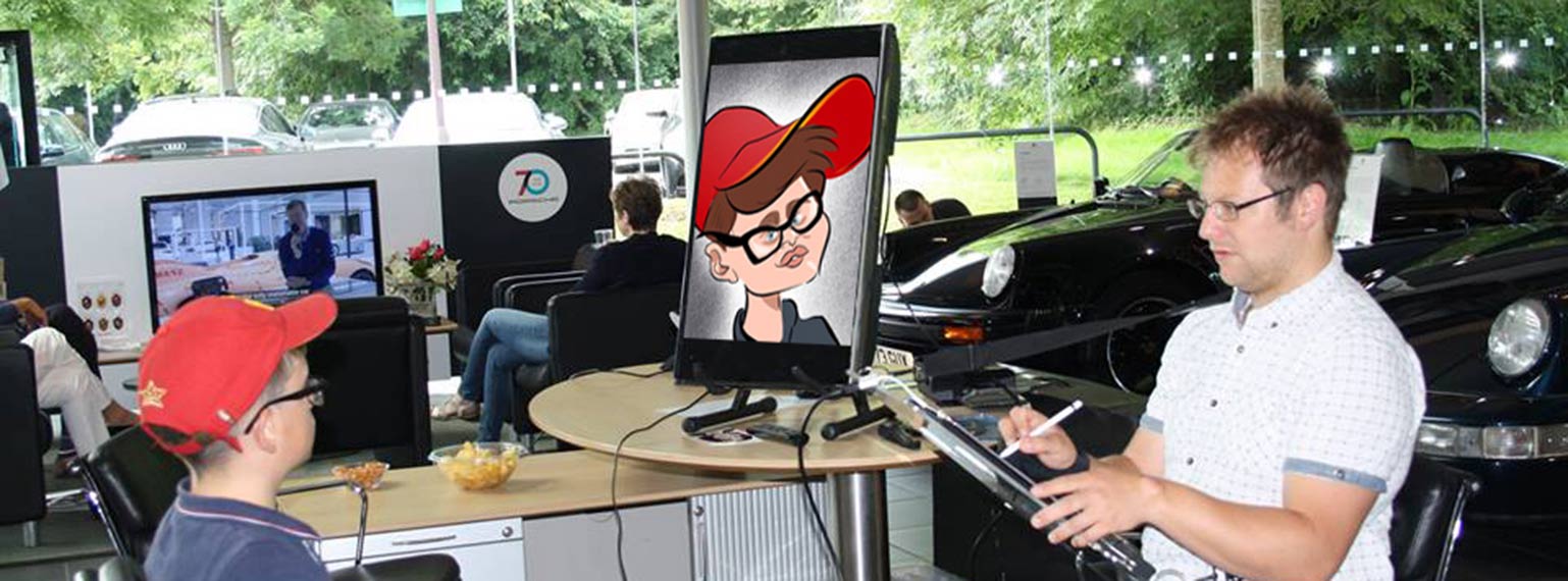 Ipad Caricaturist drawing in car show room
