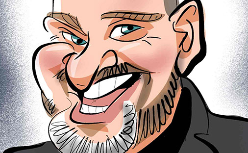 digital caricature of man with a grey beard, downward nose and cheeky grin