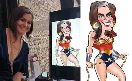 woman turned in wonder woman in her ipad caricature