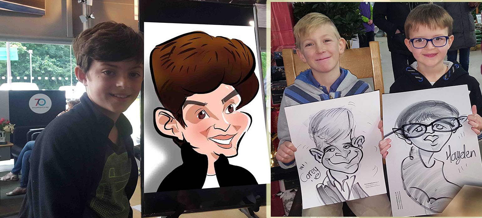 children posing with their caricatures at school event