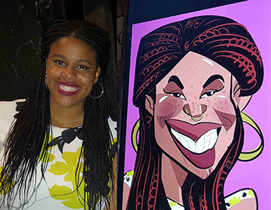 lady gets a digital caricature and poses next to the monitor