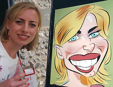 lady with red lips stand next to next caricature on TV screen