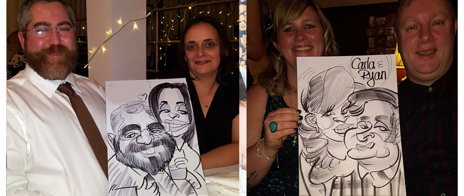 charity dinner caricature artist and people holding their caricatures