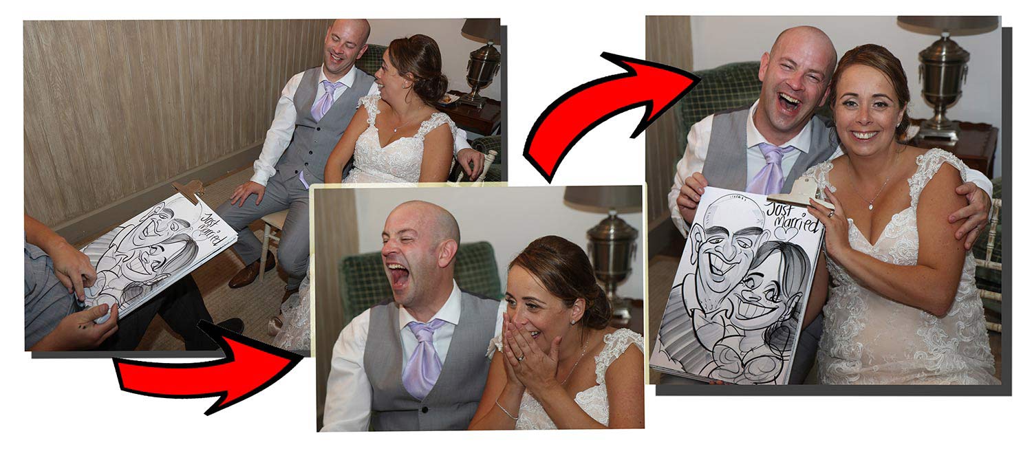 the process of a caricature of the Bride and Groom