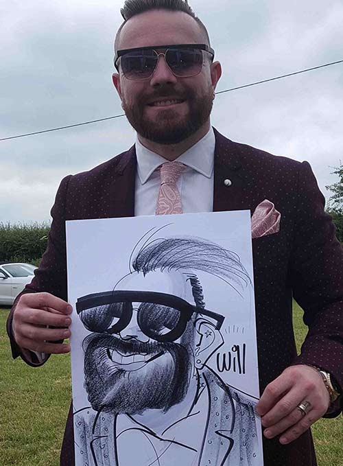 Dressed up smart wedding guest get cartooned