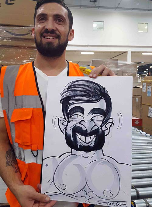 Amazon warehouse worker is surprised to see a caricaturist in a hard hat