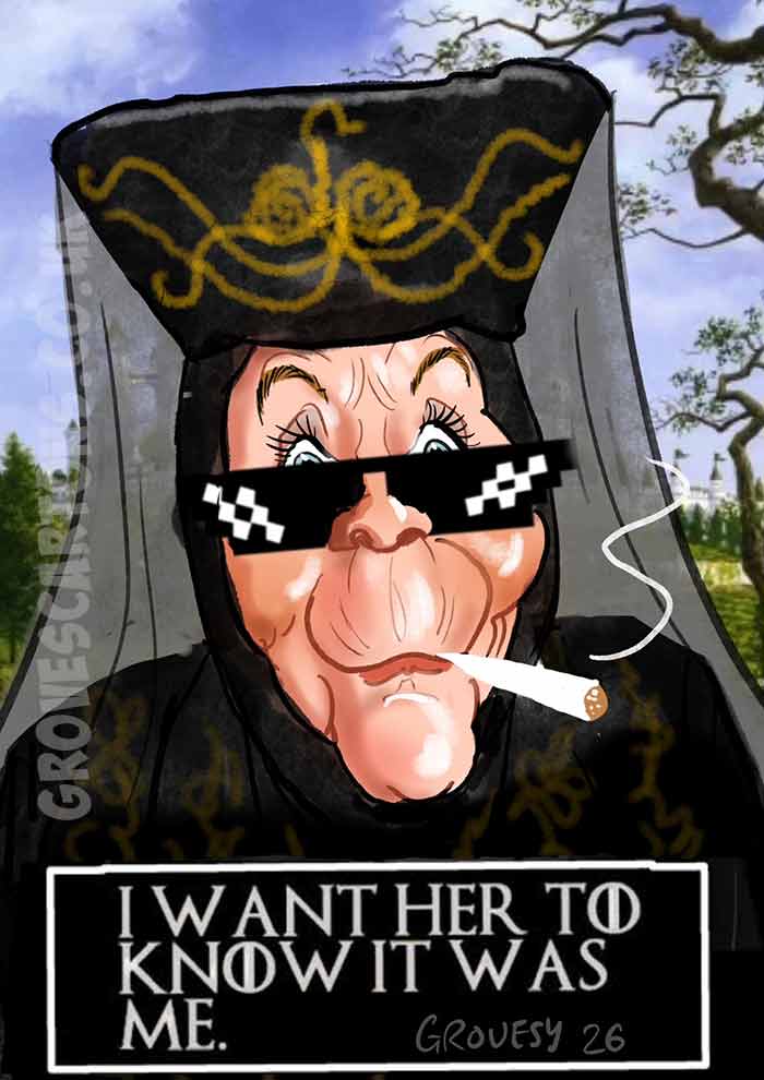 Caricature of Olenna Tyrell acted by Diana Rigg