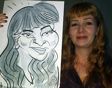 Caricature of Gina at a corporate event Ginger beauty