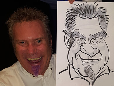 a man with a purple beard holds his caricature
