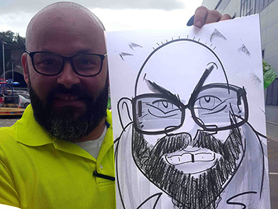 caricature of man who was a security guard at Lidl