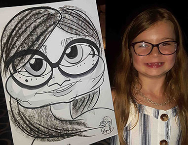 Disney eyes behind glasses. This girl shows off her caricature