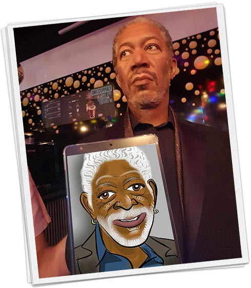 Morgan Freeman holding a cartoon caricature