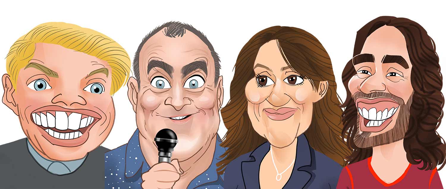 Rob Beckett caricature. Jimeoin Caricature. Nina Conti Caricature. Russell brand Caricature