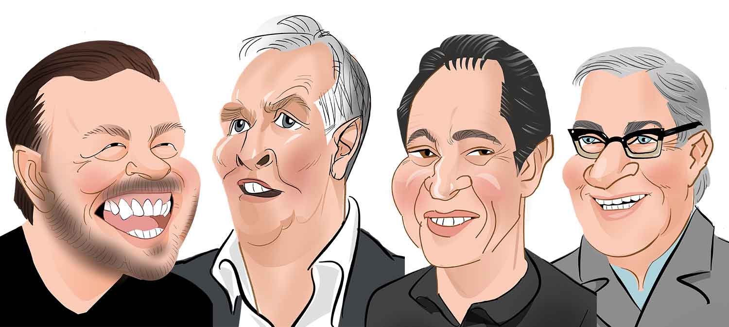 Ricky Gervais caricature.  Greg Davies Caricature, Paul Whitehouse Caricature and Harry Enfield Caricature