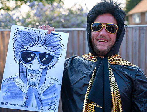 man poses for a caricature dressed as elvis with a wig